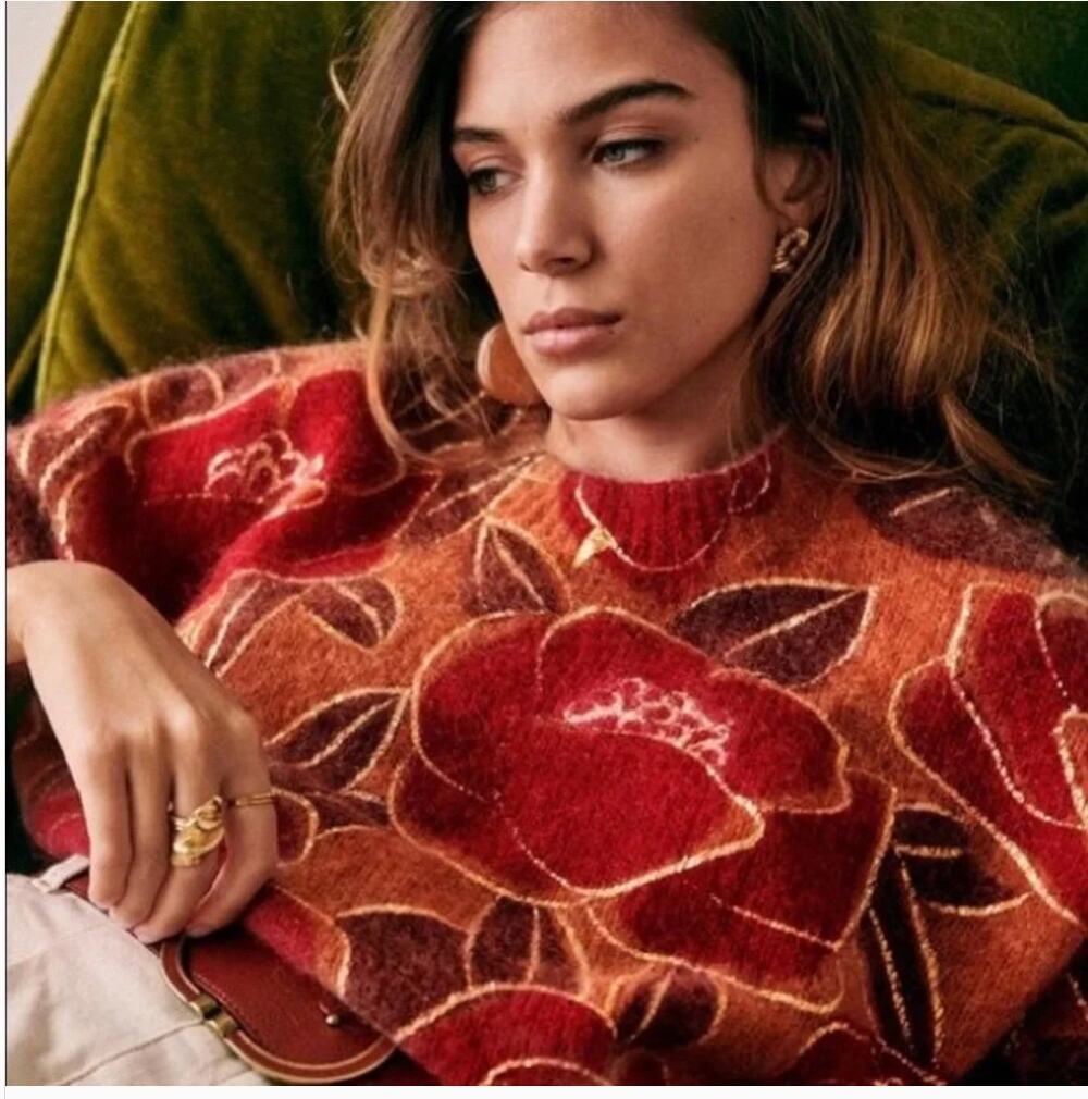 Sezane Millie Jumper Sweater Rare Golden Flowers Red Gold Mohair Wool Size Small
